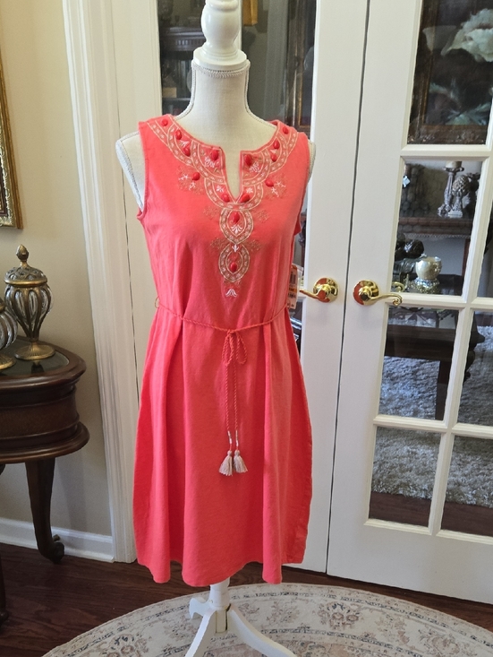 Charter Club Dresses & Skirts - Charter Club Petite Coral Dress Sleeveless Embroidered Beads Tie Waist Cotton SP